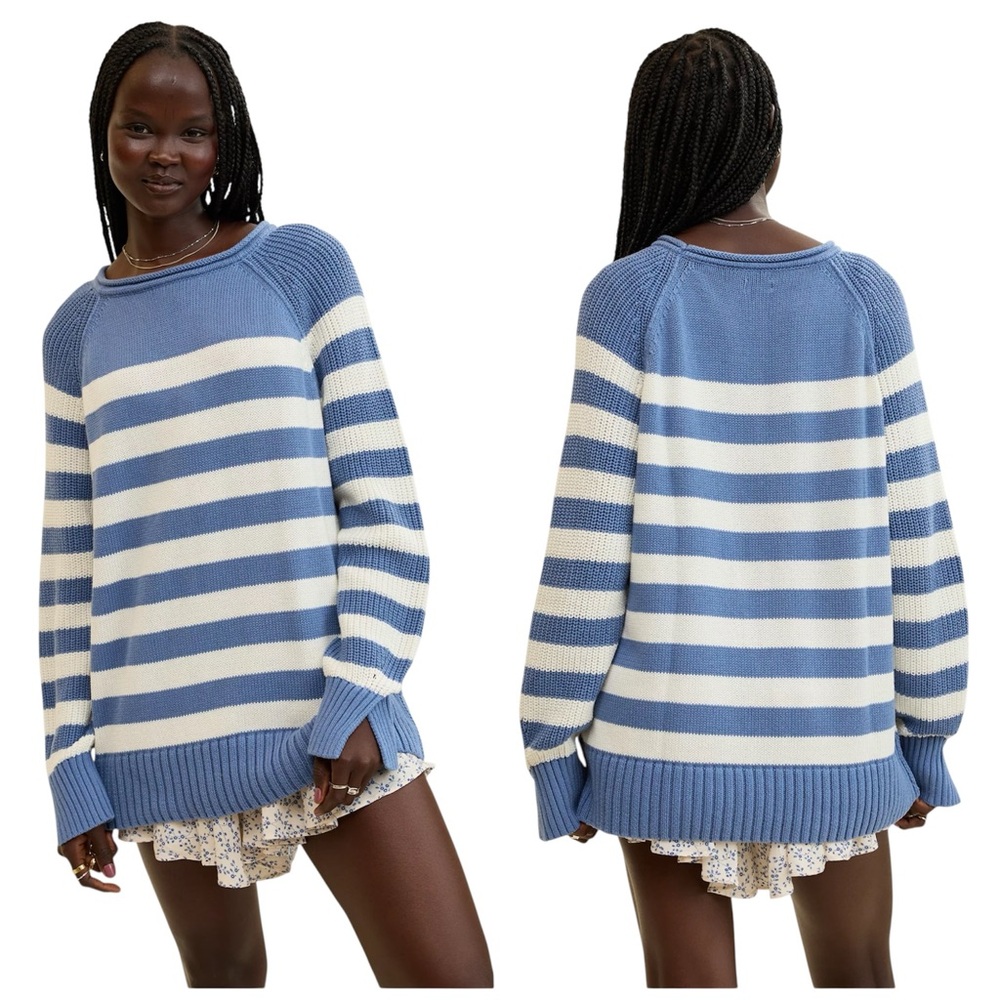 Aerie NWT Women’s Oversized Bistro Cotton Sweater in Marbled Blue Size XL